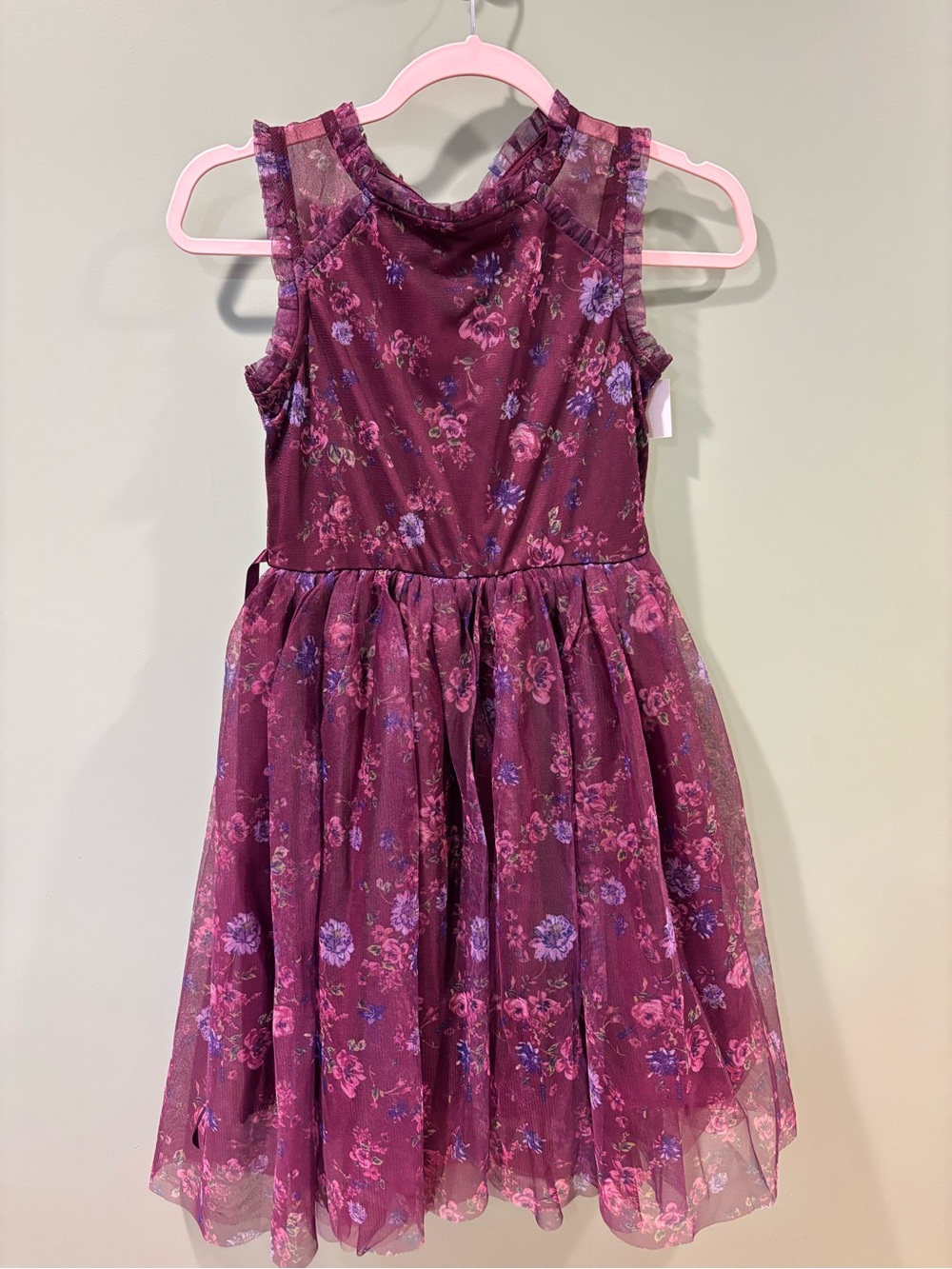 Girls' Burgundy Floral Tulle Party Dress